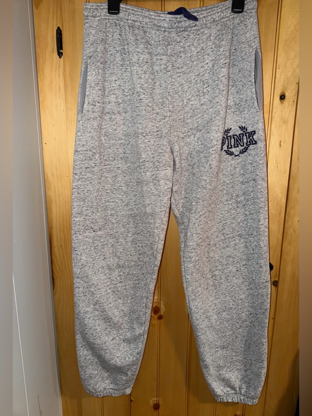 PINK Victoria's Secret Light Gray Heather Joggers with Navy Logo- Size S